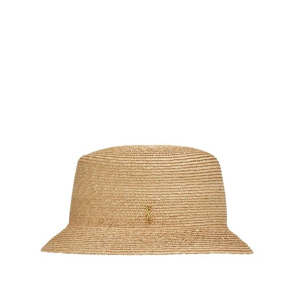 Saint Laurent Men Maglina Straw Bucket Hat With Cassandre Pin